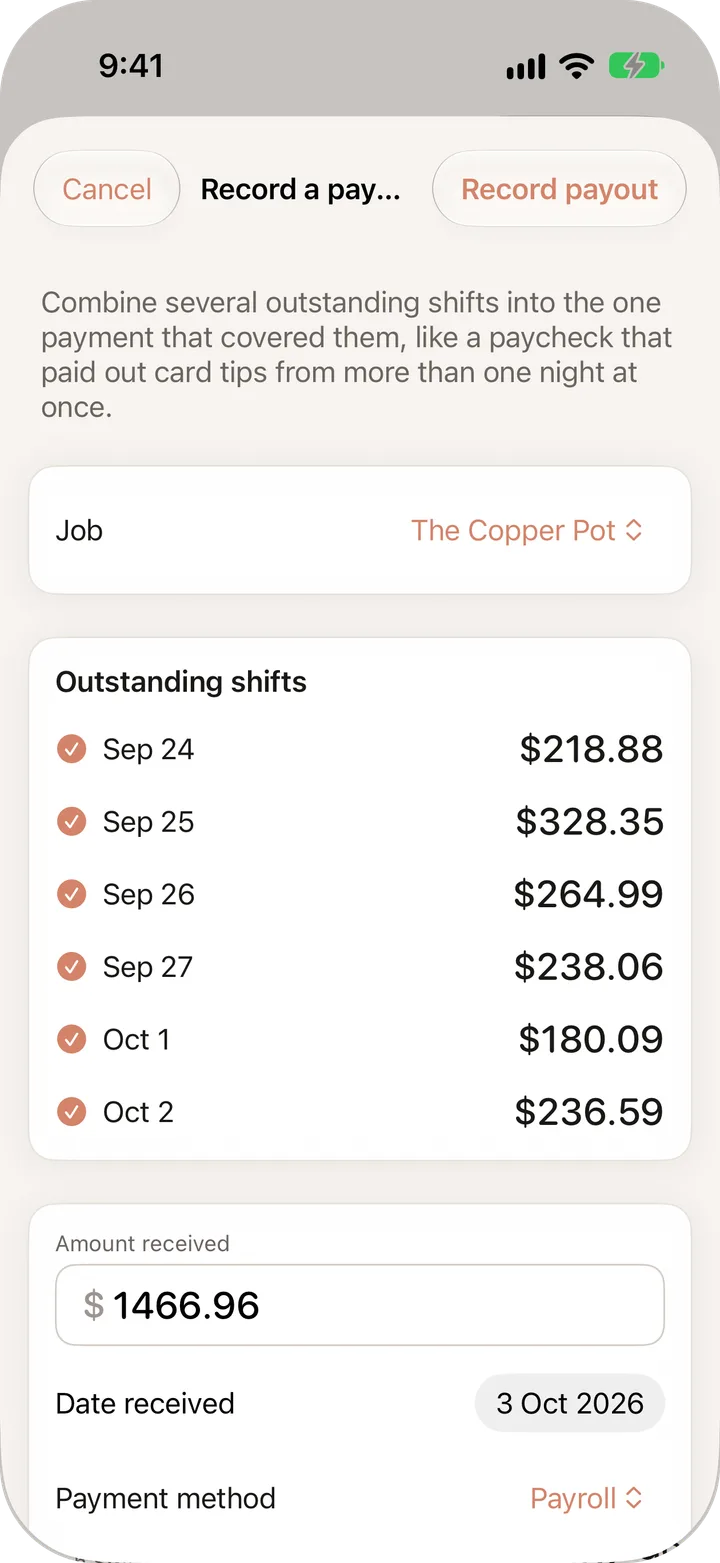 Recording a payout: six outstanding Copper Pot shifts from September 24 to October 2 add up to $1,466.96 received on the payroll.
